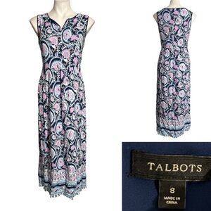 Talbots Maxi Dress Sz 8 Navy blue multicolor sleeveless office spring casual